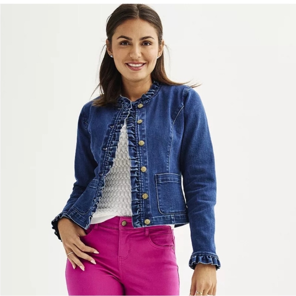 EUC Draper James Blue Denim Jacket with Ruffle Trim - M